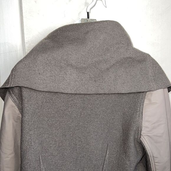 ELAINE KIM Sage Green Wool and Leather Shawl Collar Drape Front Jacket-4 - Picture 5 of 10